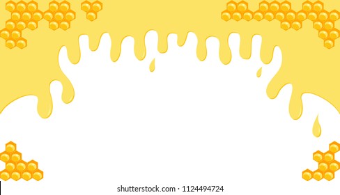 Honey background, yellow flowing honey drops and honeycomb on white background, honey banner with space for text, design element for holiday of Rosh Hashanah