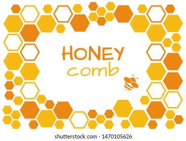 Honey background, yellow frame with honeycomb and bee, space for your text. Vector illustration