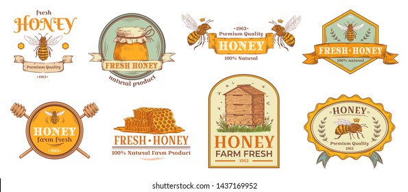 Honey badge. Natural bee farm product label, organic beekeeping pollen and bees hive emblem badges. Beehives logo, honeycomb tag or bumblebee wasp bee wax insignia. Isolated vector illustration set