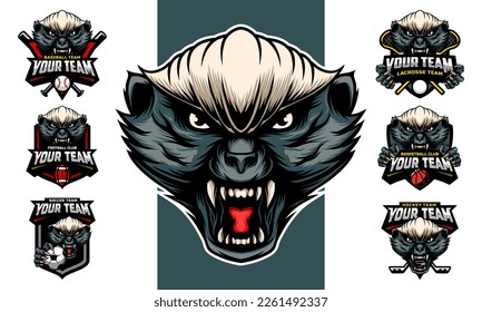 Honey badger head Mascot Logo with logo set for team football, basketball, lacrosse, baseball, hockey , soccer .suitable for the sports team mascot logo .vector illustration.