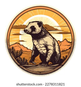 Honey badger or Ratel  in vintage sunset, isolated in white background