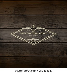 Honey badges logos and labels for any use, on wooden background texture