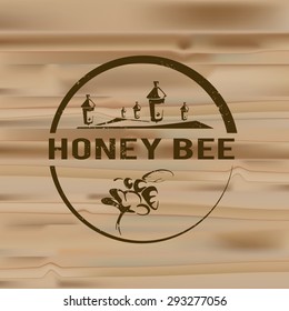 Honey badges logos and labels for any use, on wooden background texture 