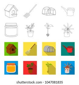 Honey bank, plant, mill.Farm set collection icons in outline,flet style vector symbol stock illustration web.