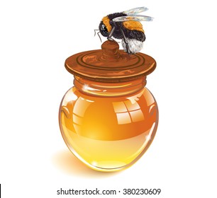 Honey banner with bumblebee. Background design for honey products, farmers market, grocery,homeopathy,honey cosmetics and spa treatment. Vector illustration