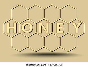 Honey banner in gold design, hexagonal honeycomb, beekeeping banner with honey inscription