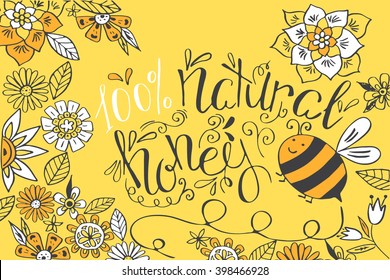 Honey banner with hand drawn sketch illustrations.Honey card with flowers and bee.Honey lettering. Stock vector