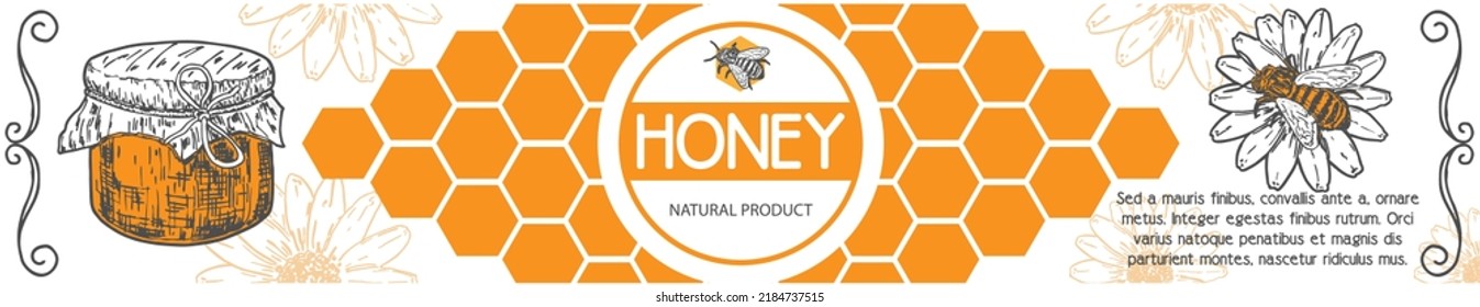 Cartel de miel. Anuncio de productos alimenticios ecológicos saludables. Abeja en diseño de ilustraciones de flores, frascos de vidrio y células de miel. Anuncio de producción de jarabe de apicultura y jarabe dulce