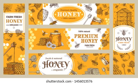 Honey banner. Healthy sweets, natural bees honey pot and bee farm products banners. Bees wax or honey jar sticker, beekeeper eco gourmet food advertisment sale label or brochure vector collection