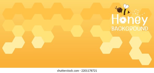 Honey banner with hexagon grid cells, bee cartoon, daisy flower on yellow background vector illustration. 