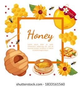 Honey Banner Template with Place for Text, Organic Natural Honey Products, Beekeeping and Honey Production Vector Illustration