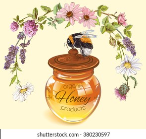 Honey banner with wild flowers wreath and bumblebee. Background design for honey products, farmers market, grocery,homeopathy,honey cosmetics and spa treatment. Vector illustration