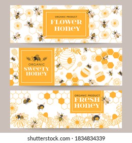 Honey banners. Business promote flyer with various beekeeping products, honeycomb and honey in jars, beeswax, bees and flowers, vector set. Illustration honey bee and beekeeping card