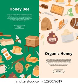 Honey of banners. Cartoon honeycomb, bee, pod, flowers, pancake, honey jar vector illustration. Brochure, poster, flyer for business promote. Organic honey, honey bees.