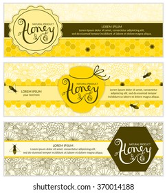 Honey banners with flowers and bees. Honey logo.