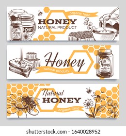 Honey banners. Hand drawn engraved honeycomb, bee and hive honeyed flower, healthy natural sweet food vintage advertising or template package design vector set