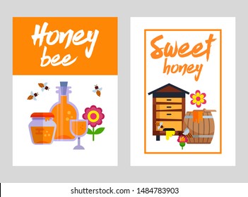 Honey banners set with honeycombs and jars full of natural flower honey vector illustration. Hives with barrels in orange frame and honey products.