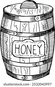 Honey barrel engraving. Wooden natural product container