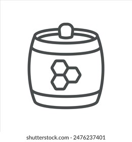 Honey Barrel Icon. Simple Line Illustration of a Barrel with Honeycomb Pattern, Symbolizing Bulk Honey Storage. Vector Symbol on White Background.