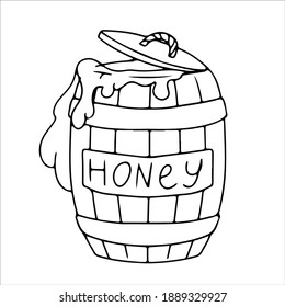 honey in a barrel with an inscription, hand-drawn in a doodle style. natural bee honey. Vector illustration isolated on white background.