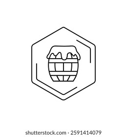 Honey barrel line icon in hexagonal frame on white background. Vector black line pictogram. Tropical themes, pollen, field honey in minimalistic style