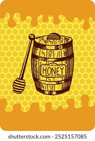 Honey barrel sketch on banner background. Apiary flyer