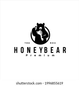 Honey bear with bee hive logo vector design illustration with a drop of honey icon mascot silhouette . retro vintage symbol emblem 