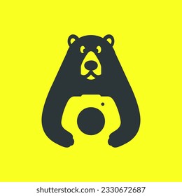 honey bear cute photographer camera lens mascot modern simple logo icon vector illustration