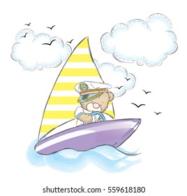 Honey Bear floating on a ship. Vector illustration for a card or poster, print on clothes.
