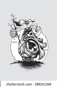 Honey bear.Nature warrior bear.Imaginary character.
Pencil drawing illustration.vertical orientation