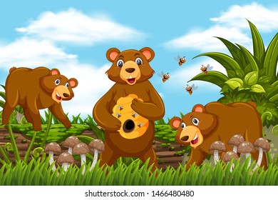 Honey bears in jungle scene illustration