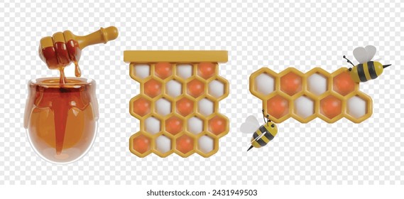 Honey and Bee 3d icons render clipart for UI UX, landing page, illustration, or buttons.