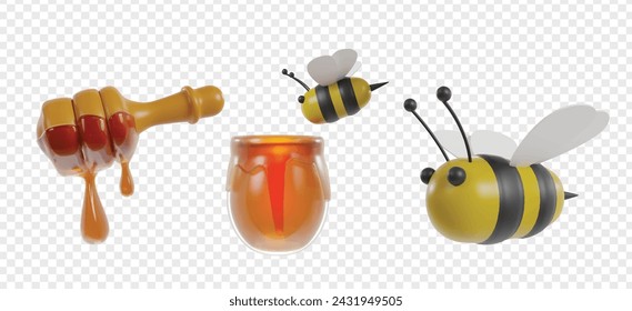 Honey and Bee 3d icons render clipart for UI UX, landing page, illustration, or buttons.