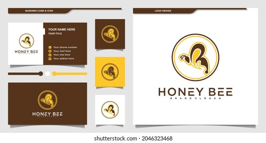Honey bee abstract logo design with circular line art style and business card design Premium vector
