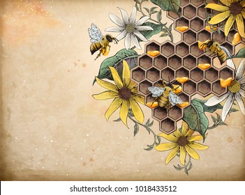 Honey bee and apiary, retro hand drawn etching shading style design elements, beige background