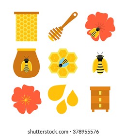 Honey bee apiculture isolated objects on white. Vector illustration of beekeeping symbols.