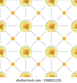 Honey bee background. Linear sunflower, honeycomb and bee swarm on a seamless pattern. Honey bees.