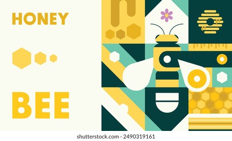 Honey bee background with various shapes, including bee, honey, bee hive, flower, etc. Vector illustration.