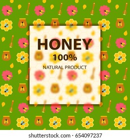 Honey and bee banner on green. Vector illustration of objects apiculture. 