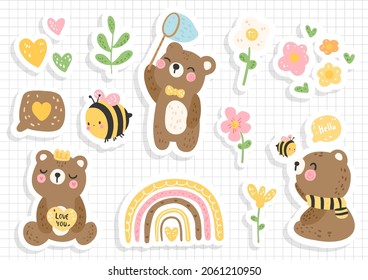 honey bee and bear sticker, scrapbook, bee sticker sheet