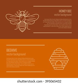 honey bee and beehive banner vector symbol outline style mead illustration of