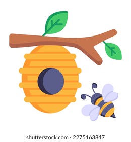Honey bee with its beehive flat icon
