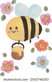 Honey bee and beehive hand drawn watercolor clipart illustration with isolated white background 