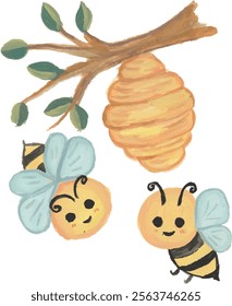 Honey bee and beehive hand drawn watercolor clipart illustration with isolated white background 