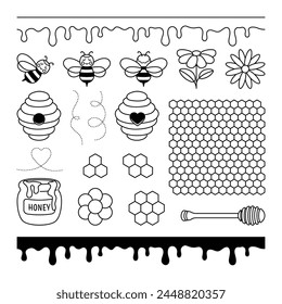 Abeja de miel Apicultura Set Apiary Lindo Dibujo Animado Abejas Abeja Panal Simple Flor Sin Costura Goteo miel Borde Miel Dipper Pot Tarro Contorno	