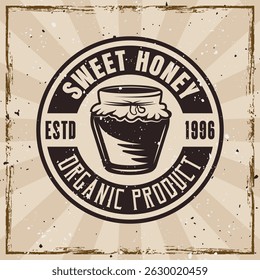 Honey bee and beekeeping vector vintage style emblem on background with grunge textures on separate layers