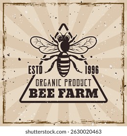 Honey bee and beekeeping vector vintage style emblem on background with grunge textures on separate layers