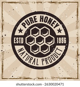 Honey bee and beekeeping vector vintage style emblem on background with grunge textures on separate layers