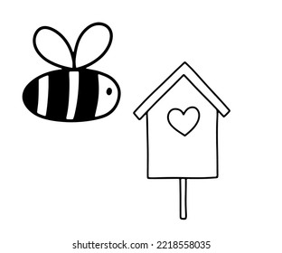 Honey bee and birdhouse for coloring page. Cute simple vector illustration isolated on white. Black and white outline image