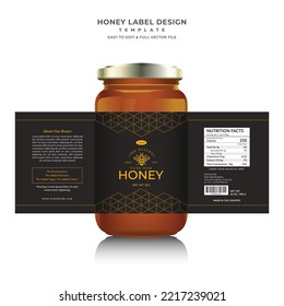 
Honey bee black label design with bottle mock up file jar label honey food label creative minimal design template.